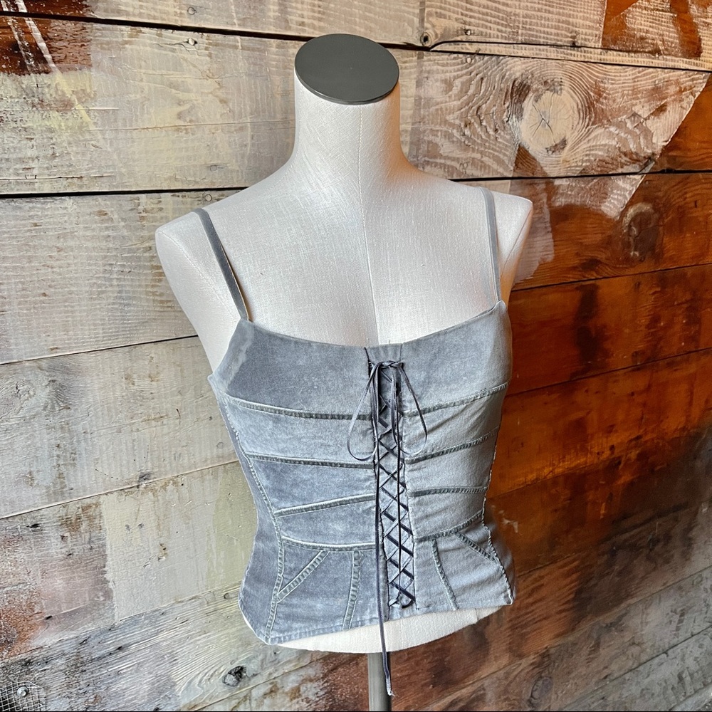 Y2K Bisou Bisou Michele Bohbot Grey Velvet Corset Cami Fitted Blouse Size 2